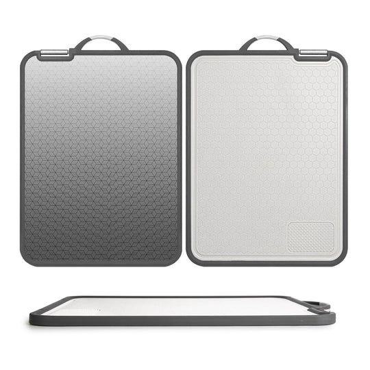 2Pcs Double Sided Cutting Board Stainless Steel PP Chopping Board Lightweight Kitchen Cutting Board Mesh Design with Grinding Zone Knife Sharpener Han