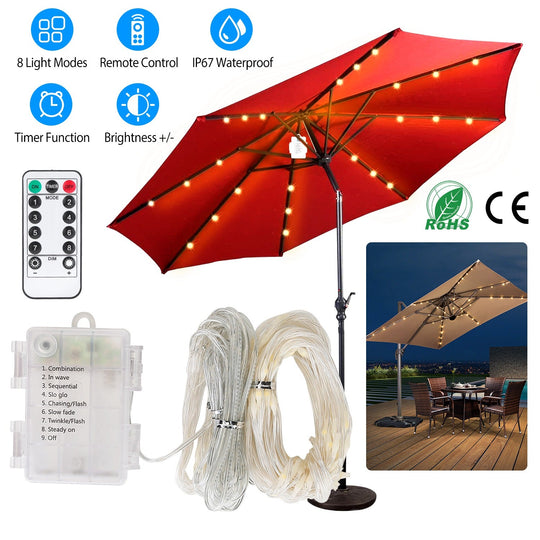 Patio Umbrella Lights 8 Lighting Mode Waterproof Parasol Timer Lamps W/ Remote Controller 104 LED 8 Bundles Warm White for Patio Garden