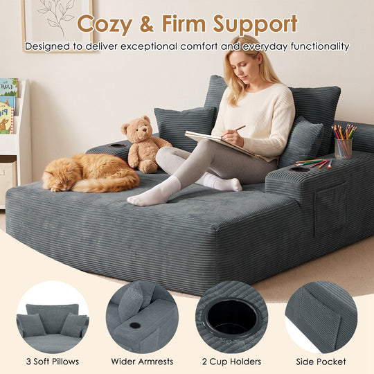 Convertible Chaise Lounge Sleeper Sofa with Cup Holders & Pillows