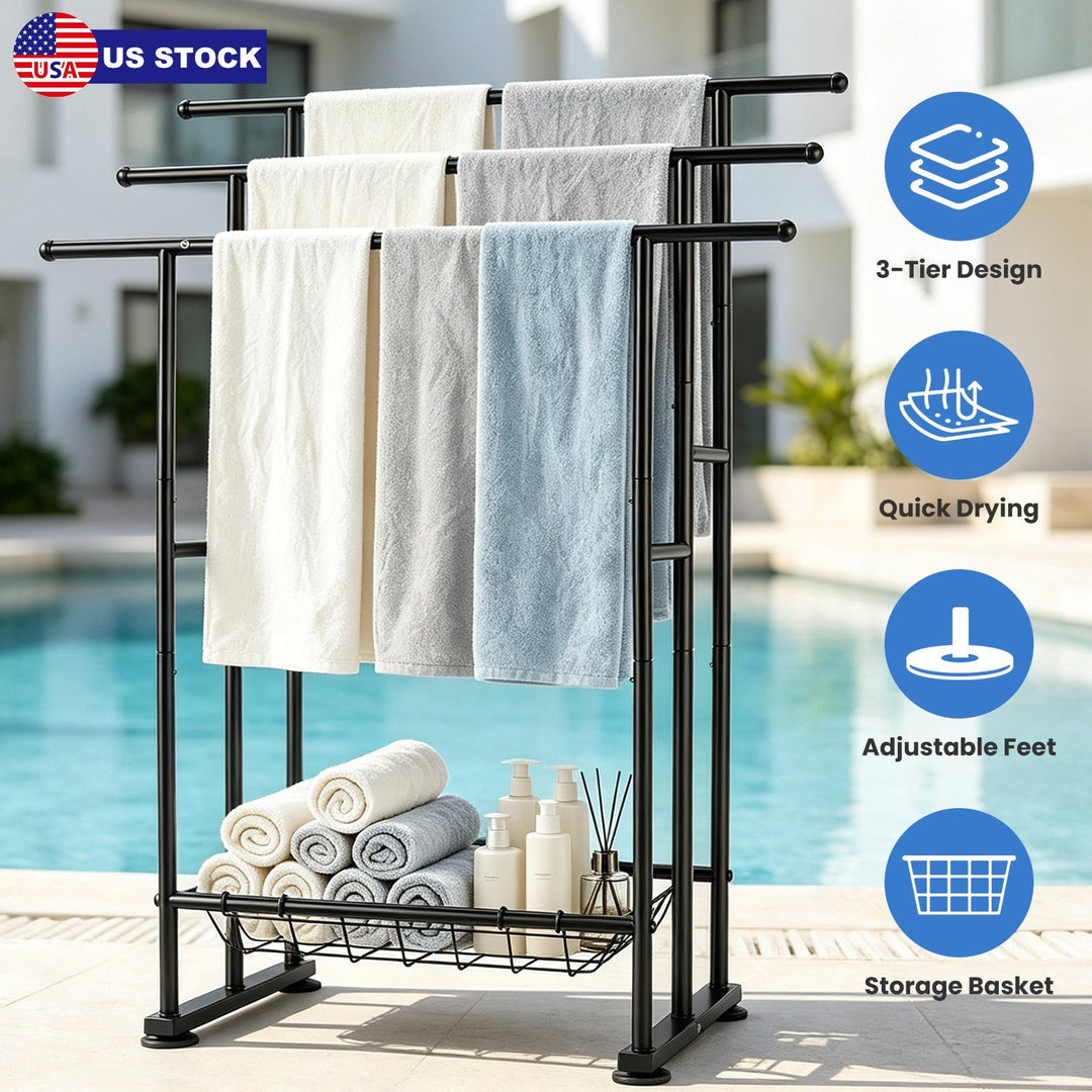 3-Tier Freestanding Towel Rack with Storage Basket - Black