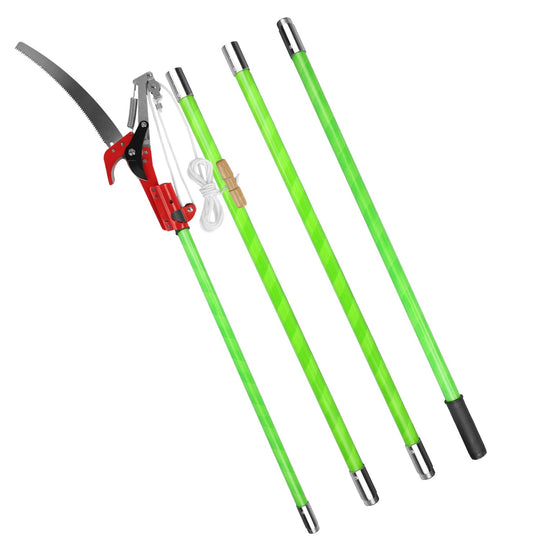 2 In 1 Extra Long Manual Pole Saw 8.23-15.12FT Extendable Tree Pruner for High Branches with Pruner Scissors 2 Double-hooked Saw Blades Goggles Gloves
