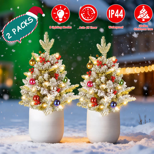 2Pcs Battery Powered Lighted Christmas Tree Urn Filler With Light Artificial Xmas Trees Light with Berries Balls LED Pathway Pine Tree IP44 Waterproof