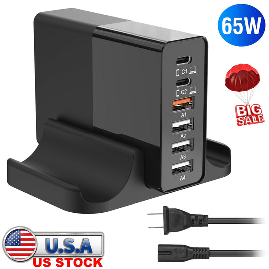 USB Fast Charger 65W 6-Port Fast Charging Station Type-C Wall Charger PD Adapter with 2 Type-C Ports 4 USB-A Ports Fit for IOS Phone 13/ iPad/ Galaxy/