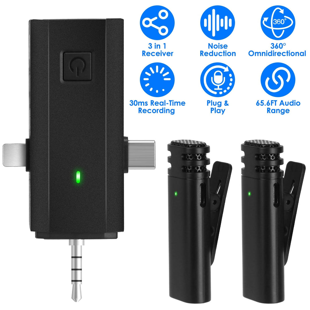 2 Pack 3 in 1 Wireless Clip On Microphone Omnidirectional Mic Noise Reduction Plug and Play 65.6FT Transmission Type-C IOS PC Video Record Interview V
