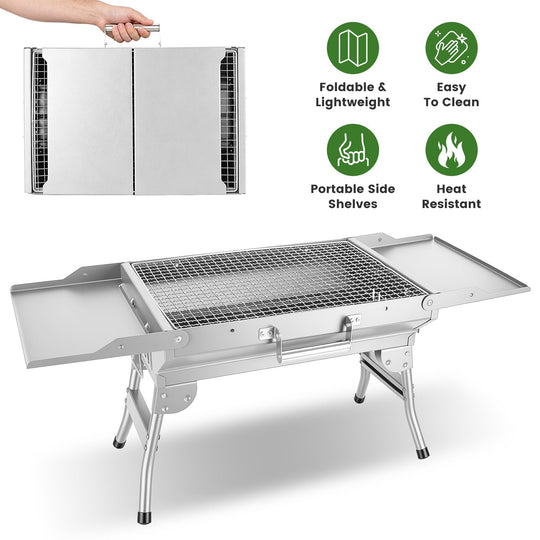 Foldable Charcoal Grill with Storage Shelf and 10 Skewers