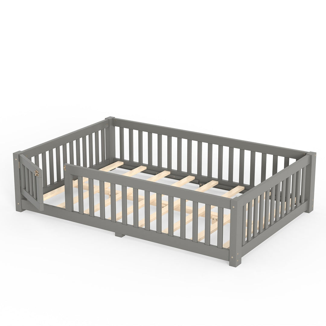 Montessori Floor Bed with Safety Guardrails and Lockable Door