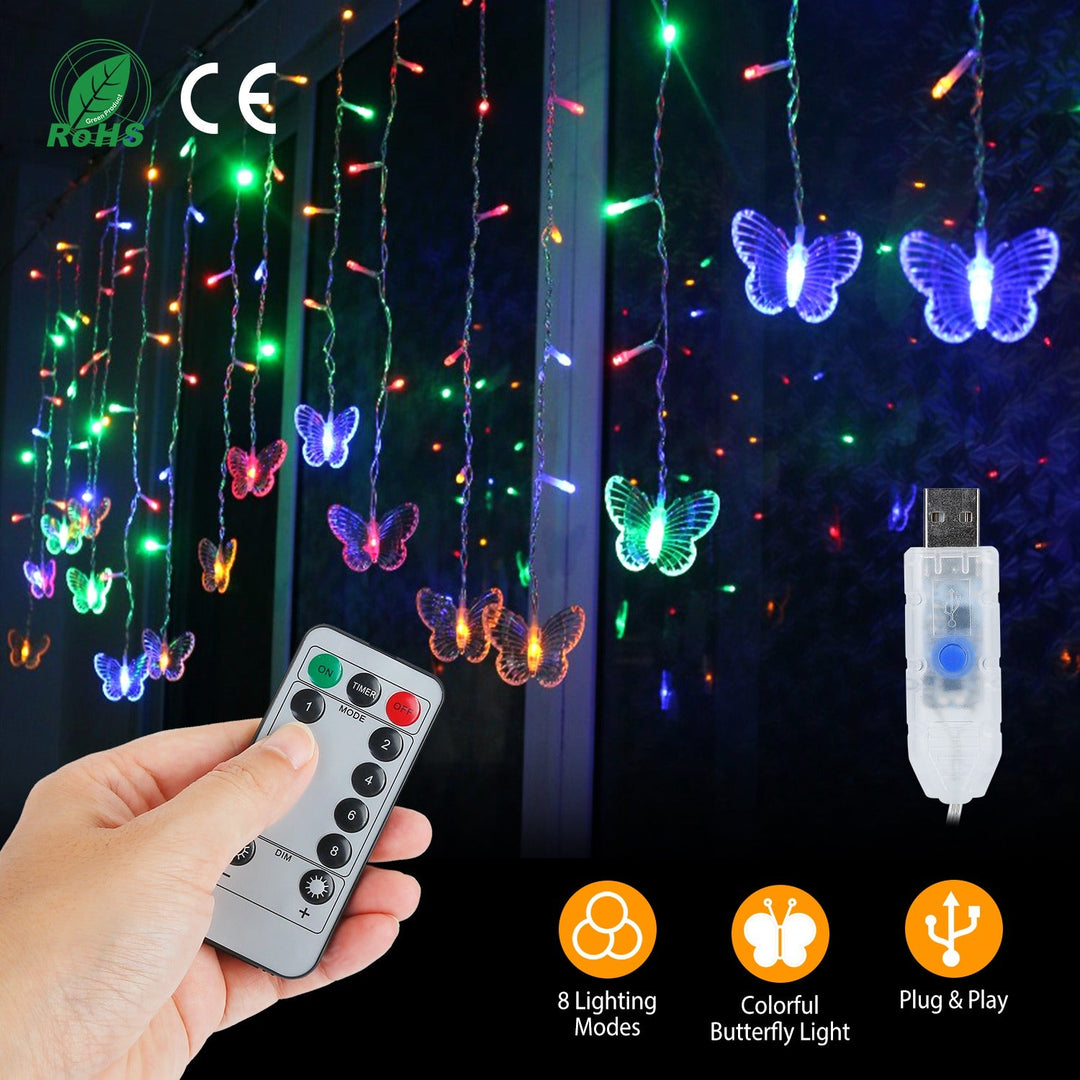 Butterfly Curtain String Lights USB Powered Colorful LED Fairy Lamps w/8 Modes 96 LED Remote Control 11.5ft for Bedroom Weddings Christmas Party Decor