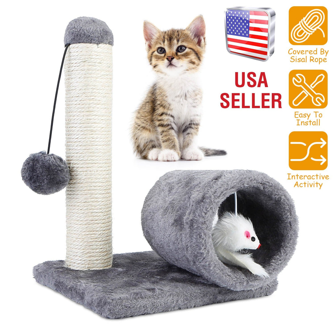 Cat Scratching Post Cat Kitten Sisal Scratch Post Toy w/ Tunnel & Lifelike Mouse Toy Pet Activity Play Fun