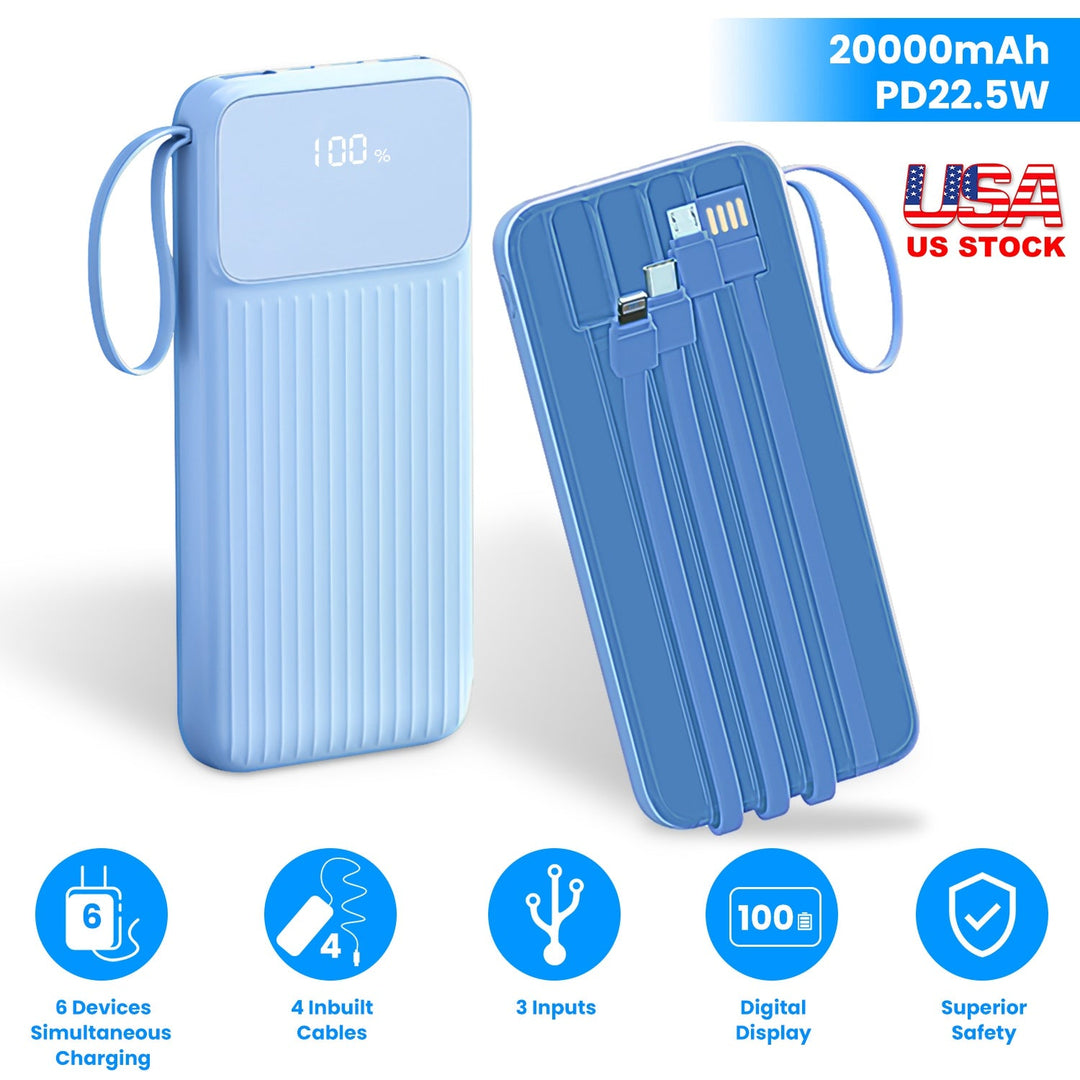 PD22.5W Fast Charger 20000mAh Fast Charging Power Bank Portable Charger with 4 Inbuilt Cables Digital Display Handle Fit For IOSPhone 15/14 Android An