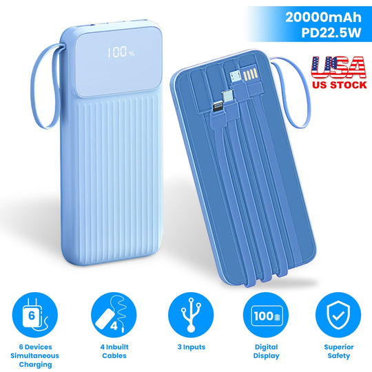 PD22.5W Fast Charger 20000mAh Fast Charging Power Bank Portable Charger with 4 Inbuilt Cables Digital Display Handle Fit For IOSPhone 15/14 Android An
