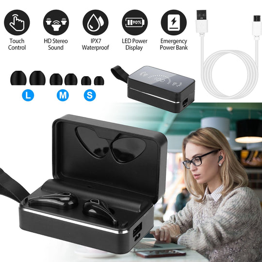True Wireless V5.0 Earbuds IPX7 Waterproof Touch Control In-Ear Stereo Headsets TWS Noise Canceling Earbuds w/ LED Display Magnetic Charging Dock