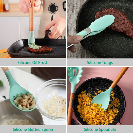 11PCS Silicone Utensil Set – Heat-Resistant with Wooden Handles & Holder