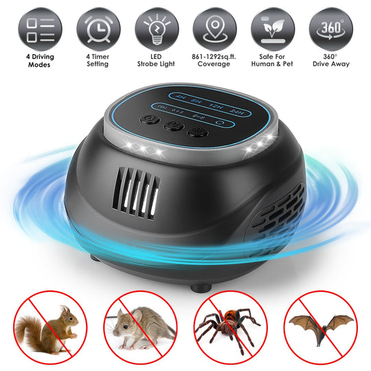 Ultrasonic Rodent Chaser Rat Repellent Pest Driver Mouse Control Squirrel Repeller with 4 Modes 4-65KHz Strobe Light 4 Timer 1292sq.ft. Coverage for R