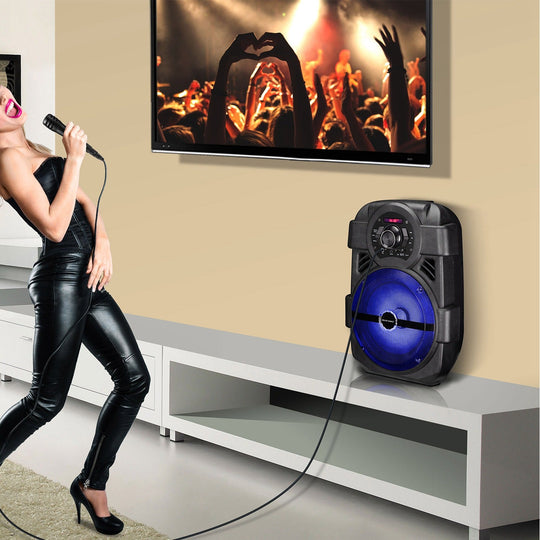 KOCASO Wireless Speaker Portable PA Karaoke System with 8" Subwoofer Sound System Wired Microphone w/ DJ Lights FM Remote Control