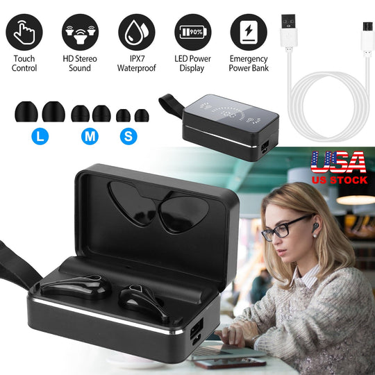 True Wireless V5.0 Earbuds IPX7 Waterproof Touch Control In-Ear Stereo Headsets TWS Noise Canceling Earbuds w/ LED Display Magnetic Charging Dock