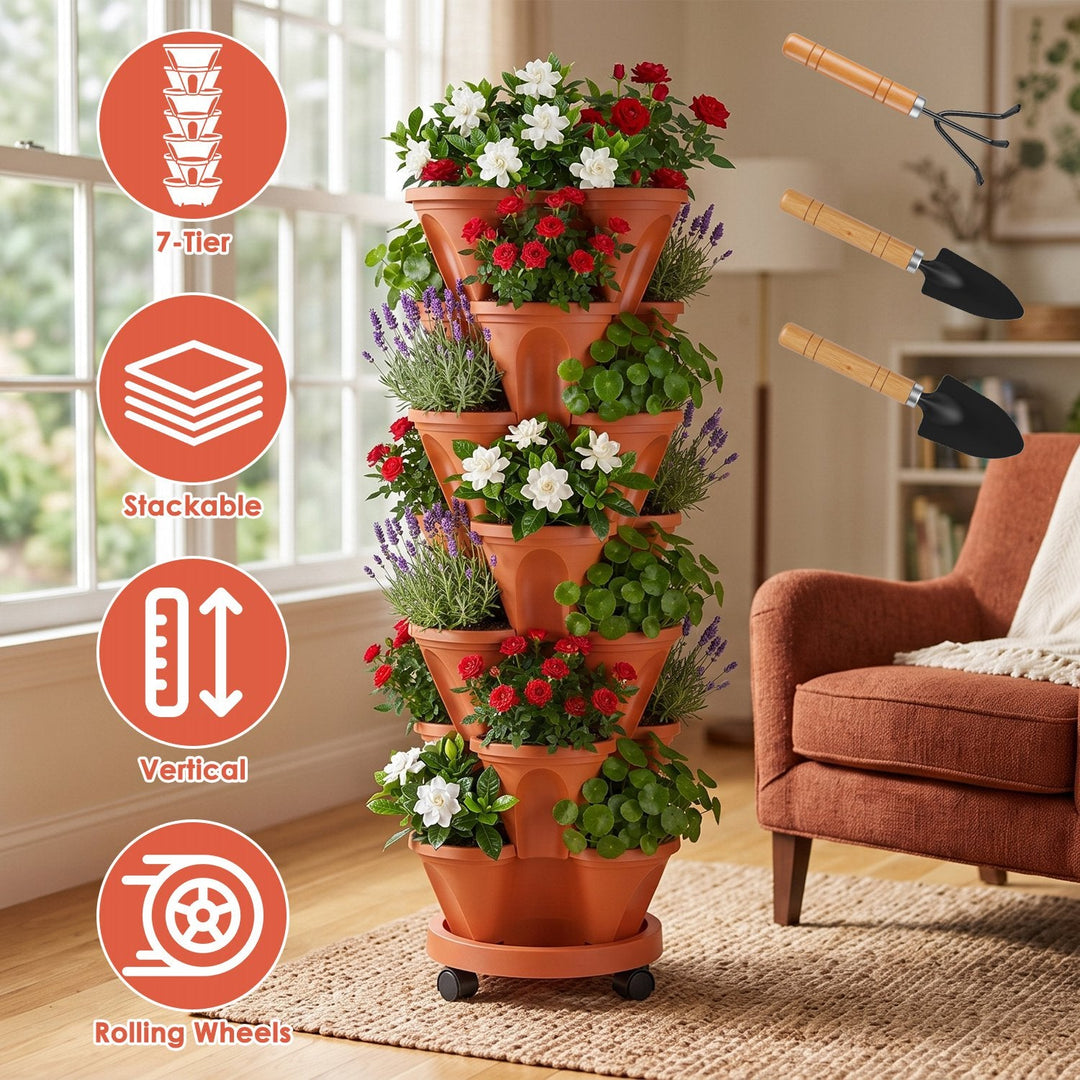 7-Tier Stackable Vertical Planter with Wheels and Drainage