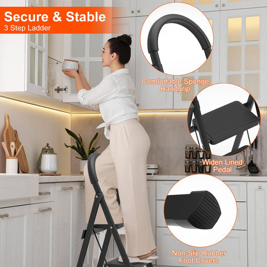 3-Step Foldable Ladder With Wide Anti-Slip Pedal Safety Locking Design Soft Handgrip Portable Lightweight Folding Step Stool 330LBS Load Capacity for