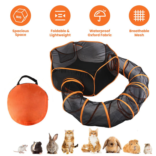 2 In 1 Foldable Pet Play Tent with Tunnel Pet Cage Tent Pet Enclosures Playground Indoor Outdoor with Carry Bag for Dog Cat Rabbit