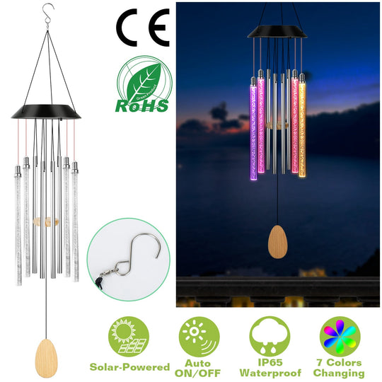 Solar Wind Chime Lights 7 Color Changing Decorative Lamp IP65 Waterproof Hanging String Lights w/ Dual Pendants For Home Garden Party Festival