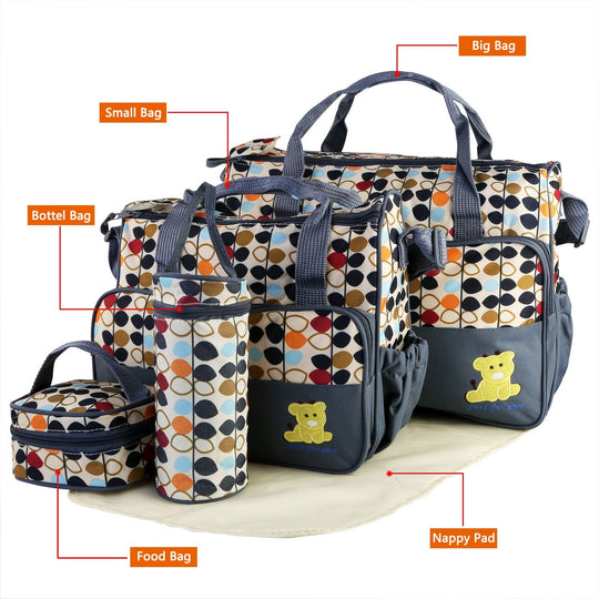 5PCS Baby Nappy Diaper Bags Set Mummy Diaper Shoulder Bags w/ Nappy Changing Pad Insulated Pockets Travel Tote Bags For Mom Dad