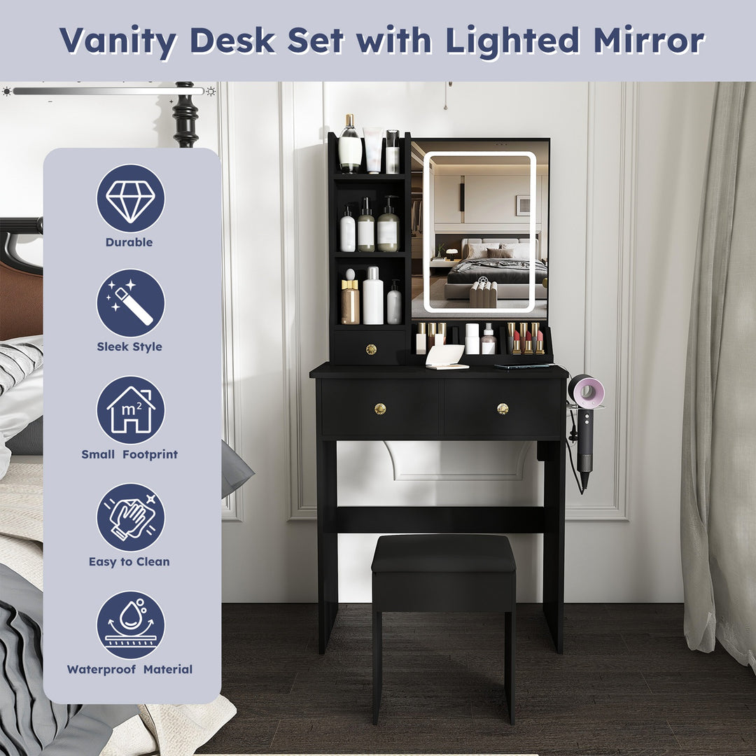 Vanity Desk Set Makeup Dressing Table with Stool, Lighted Mirror, 3 Drawers, 3 Open Shelves, 3 Open Cubbies, Power Stati