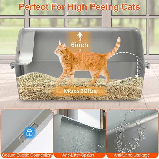Enclosed Stainless Steel Cat Litter Box with Lid - 20L
