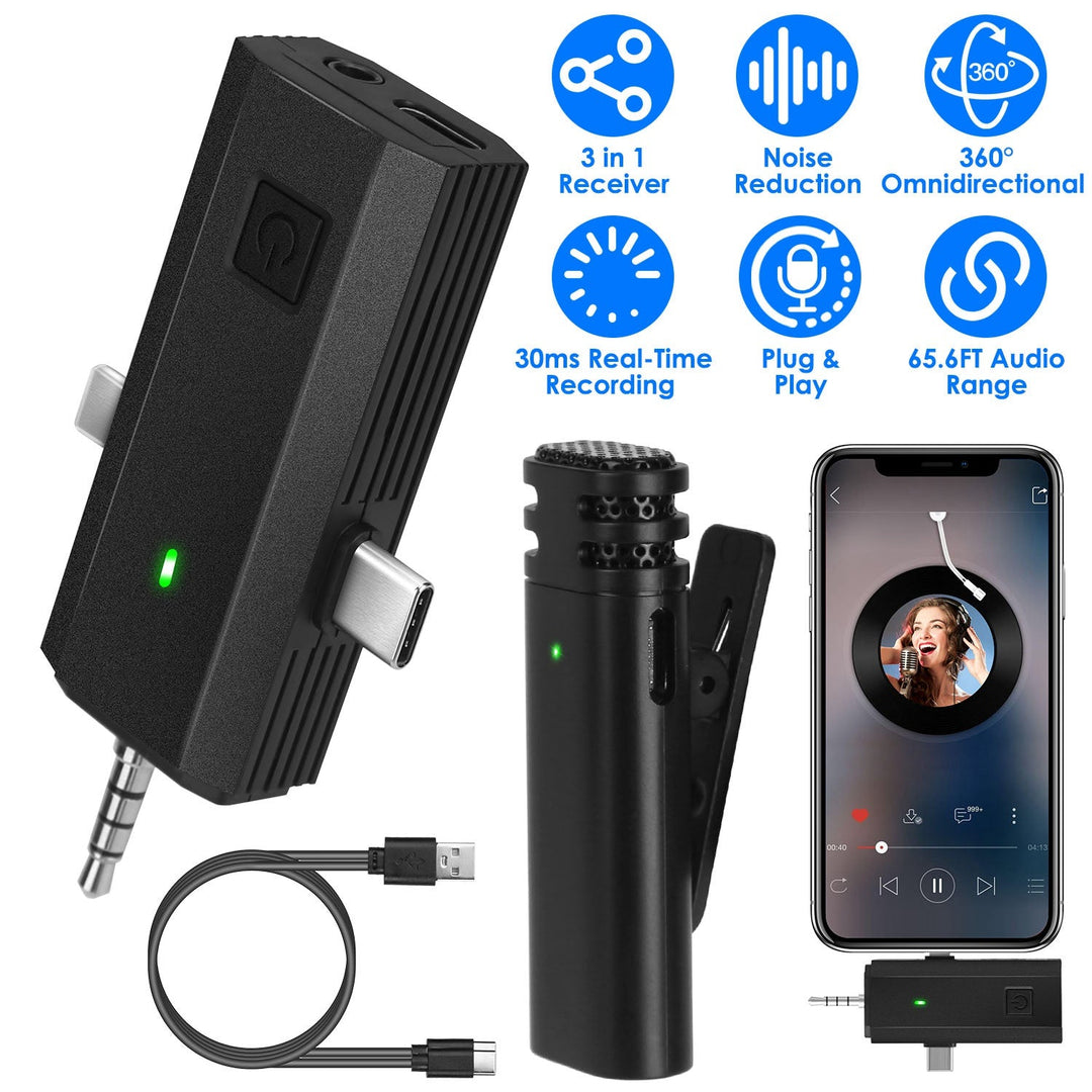 1Pc 3 in 1 Wireless Clip On Microphone Omnidirectional Mic Noise Reduction Plug and Play 65.6FT Transmission Type-C IOS PC Video Record Interview Vlog