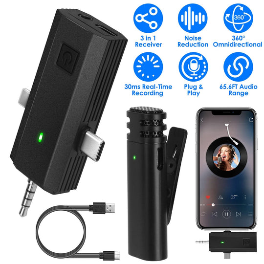 1Pc 3 in 1 Wireless Clip On Microphone Omnidirectional Mic Noise Reduction Plug and Play 65.6FT Transmission Type-C IOS PC Video Record Interview Vlog