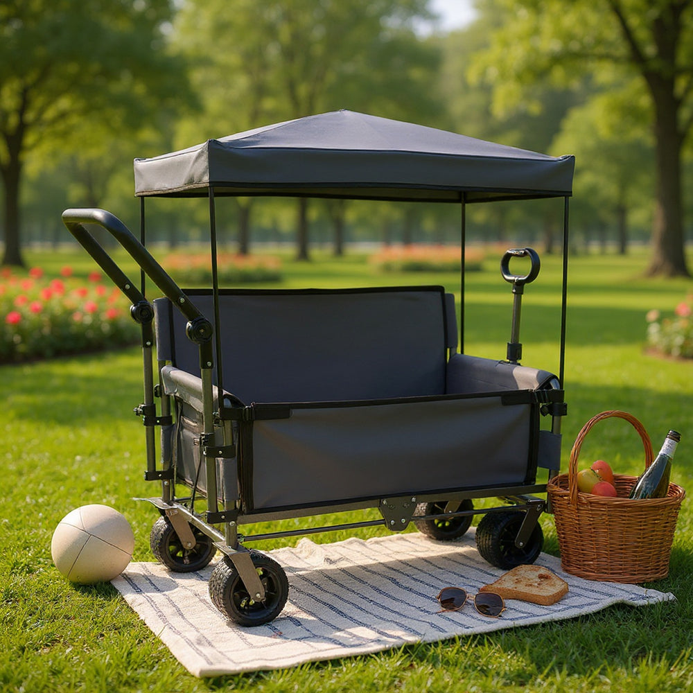 3-in-1 Folding Wagon Cart with Bench Seat Removable Canopy and Storage Collapsible Utility Wagon with Brakes 500lbs Capa
