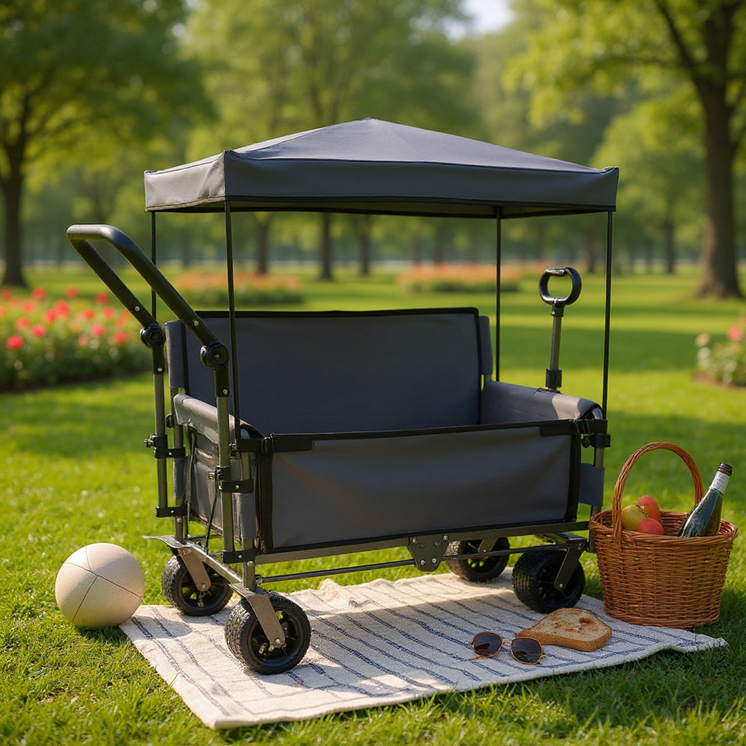 3-in-1 Folding Wagon Cart with Bench Seat Removable Canopy and Storage Collapsible Utility Wagon with Brakes 500lbs Capa