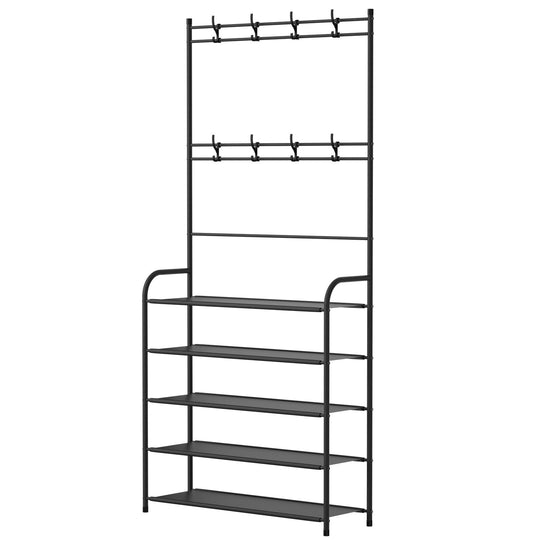 Entryway Coat Hat Rack Shoe Storage Shelf 5 Tier Shoe Rack Freestanding Hall Tree Garment Hanger Stand Clothes Shoe Organizer Combo