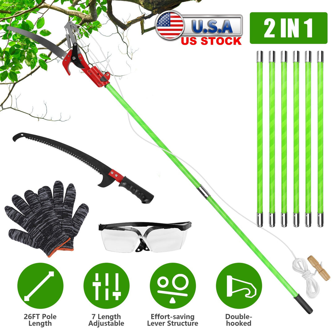 2 In 1 Extra Long Manual Pole Saw 8.23-28.25FT Extendable Tree Pruner for High Branches with Pruner Scissors 2 Double-hooked Saw Blades Goggles Gloves