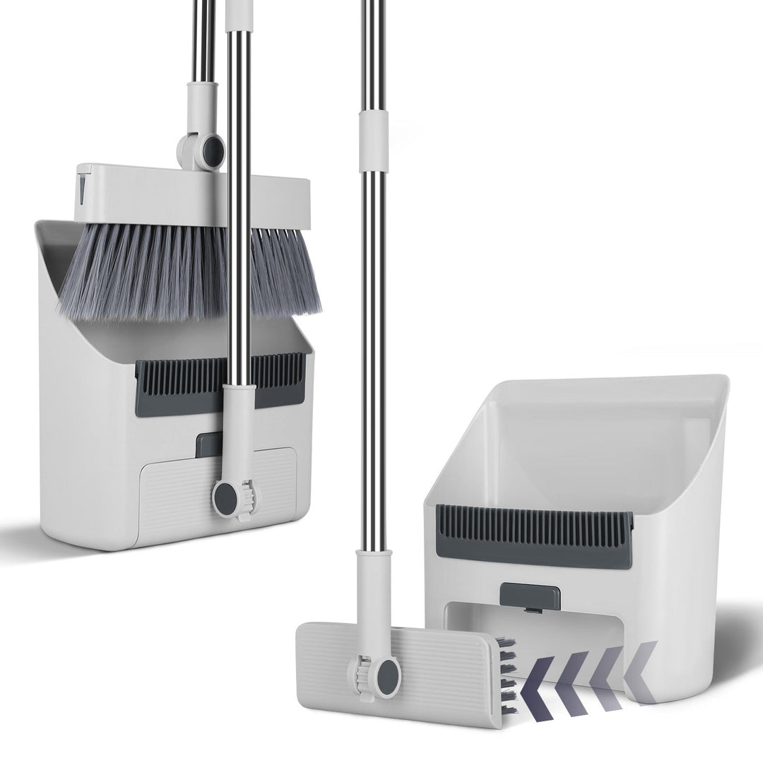 Broom And Dustpan Combo Set With Squeegee Stainless Steel Handle 4 In 1 Upright Standing Broom And Dust Pan For Indoor Outdoor Garage Kitchen Room Off