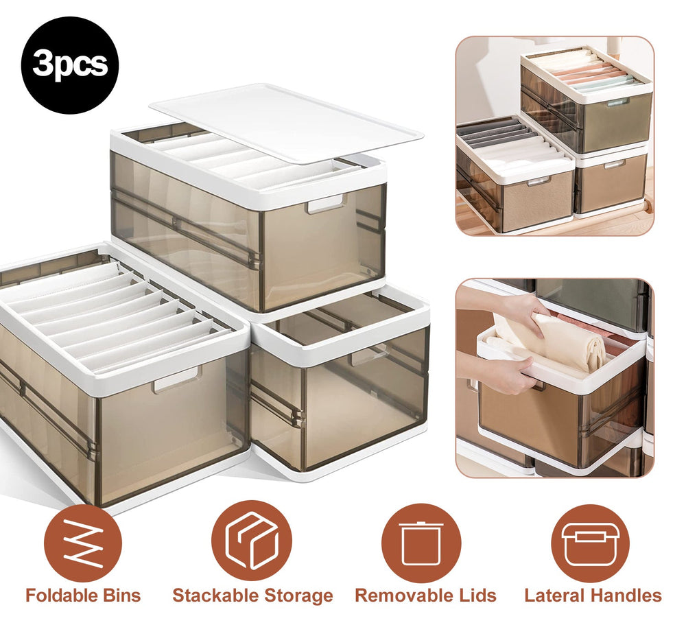 3 Pack Foldable Storage Bin with Lid Stackable Plastic Closet Organizer with Handle Divider Collapsible Drawer Organizer for Toys Clothes