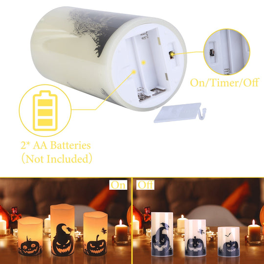 3 Pack Halloween Flameless Candle Lamp with Timer Setting Battery Powered Warm Orange Light Candles for Halloween Party Decoration Pumpkin Crow Bat