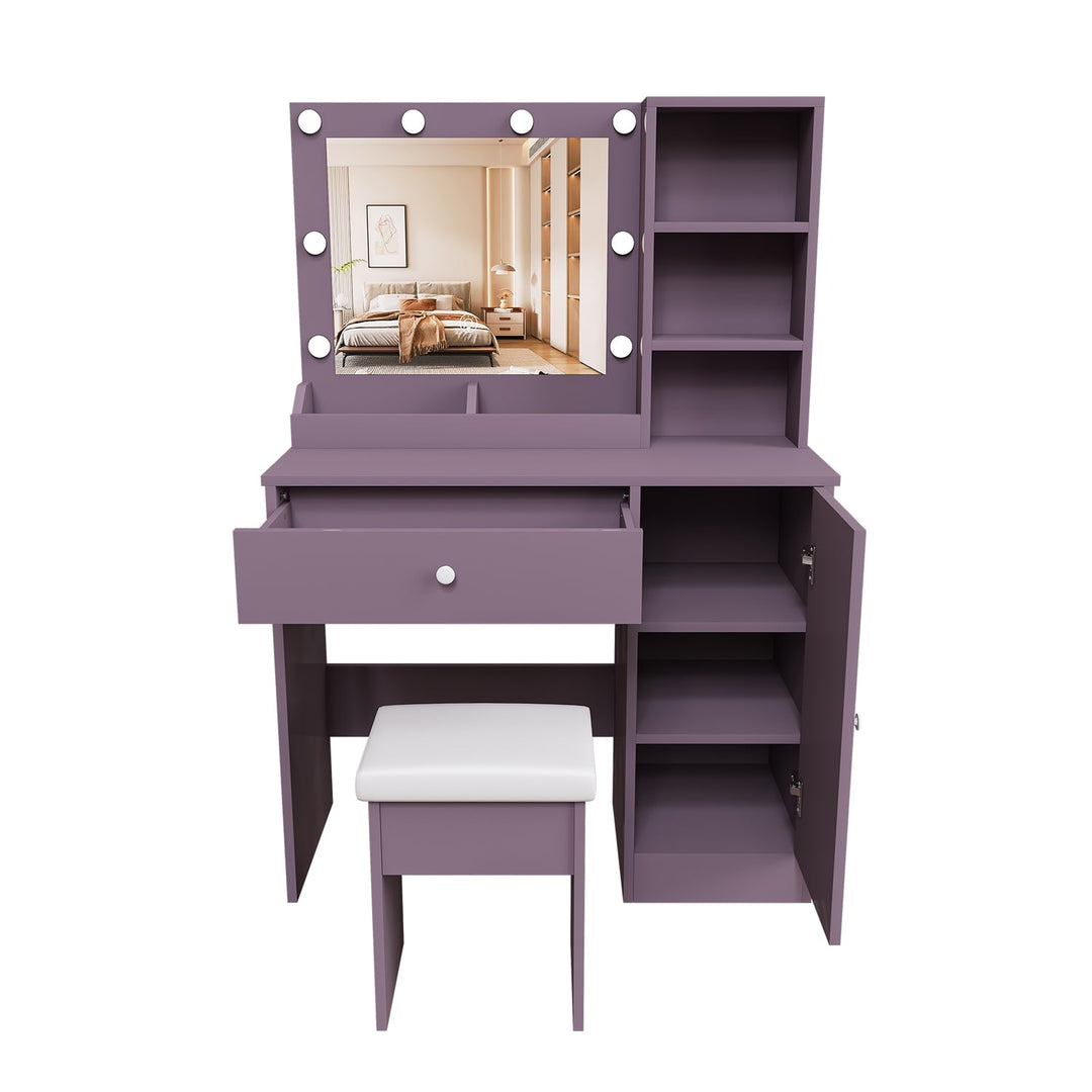 Purple Vanity Desk with Lighted Mirror & Padded Stool
