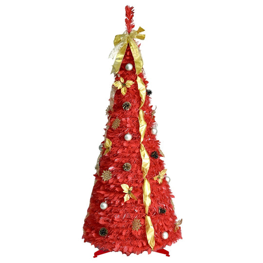 6FT Red Pre-Lit Christmas Tree with 150 LED Lights & Ornaments