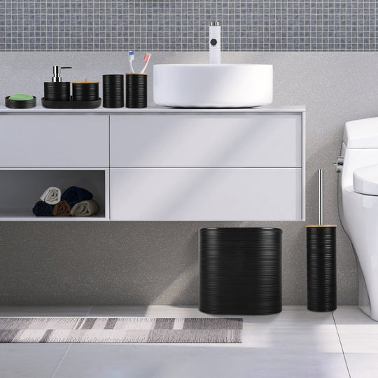 8Pcs Bathroom Accessories Set Bathroom Holder Set with Soap Dispenser Toothbrush Holder Cup Soap Dish Toilet Cleaning Brush Trash Can Qtip Holder Vani