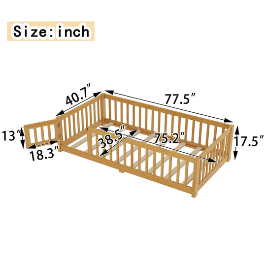 Montessori Floor Bed with Safety Guardrails - Pine Wood