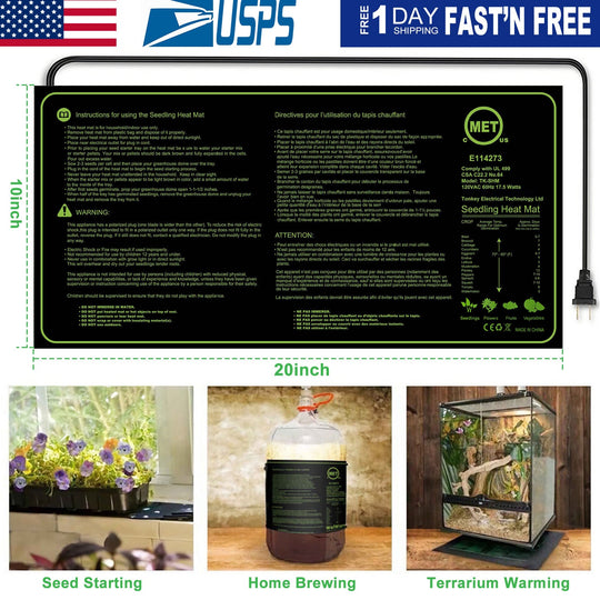 10" x 20" Seedling Heat Mat IP67 Waterproof Plant Warm Hydroponic Heating Pad 17.5W for Seed Germination Cloning Plant Propagation