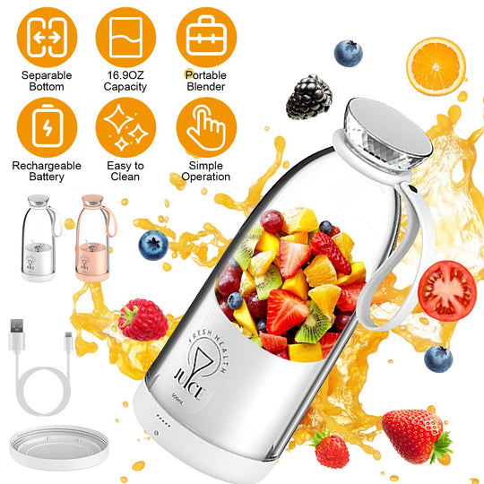 2-in-1 16.9OZ Portable Fruit Blender Electric Rechargeable Juice Cup for Shakes Smoothies Juice Personal Fruit Mixer with 6 Blades