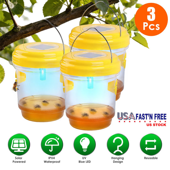 3Pack Solar Wasp Traps Outdoor Hanging Insect Catchers with UV Light for Paper Wasps Yellow Jackets Small Hornets Fruit Flies House Flies