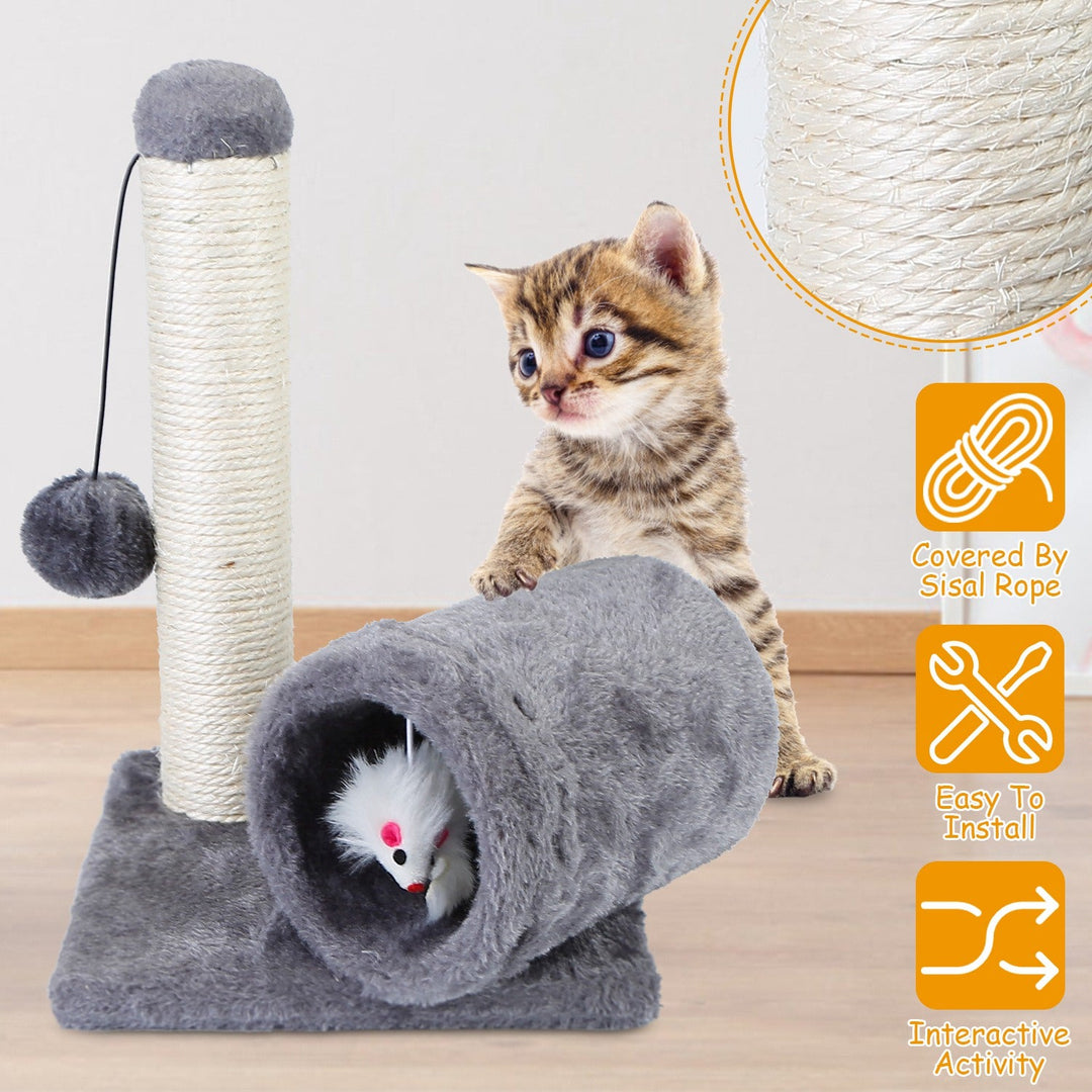 Cat Scratching Post Cat Kitten Sisal Scratch Post Toy w/ Tunnel & Lifelike Mouse Toy Pet Activity Play Fun