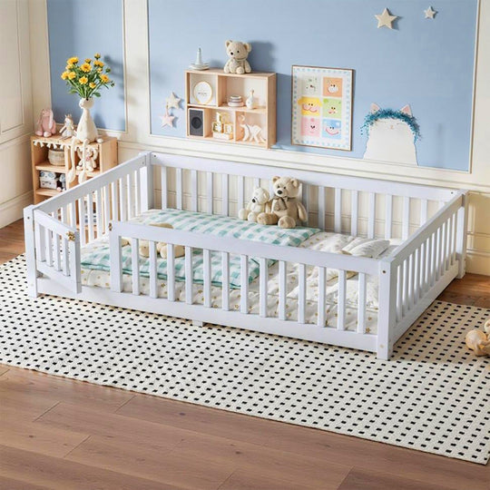Montessori Floor Bed with Safety Guardrails and Lockable Door