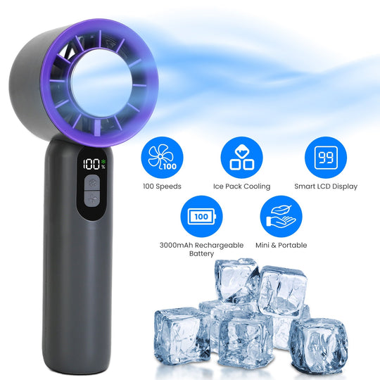 100 Speed Handheld Fan With Ice Cooler High Speed Turbo Fan 3000mAh Rechargeable Hand Fan with LCD Display for Travel Camping Beach Outdoor