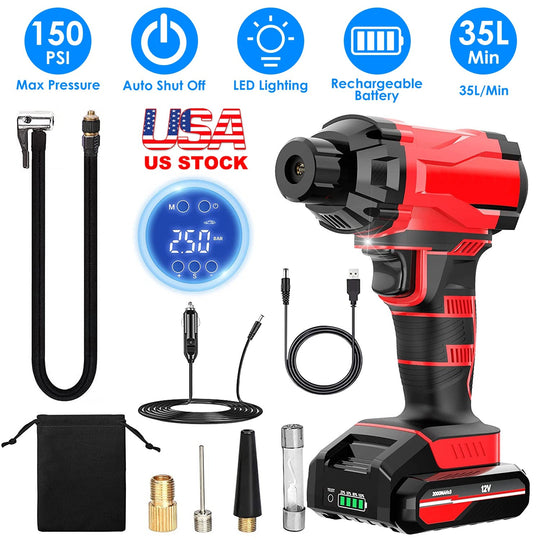 150PSI Cordless Car Tire Pump Rechargeable Tire Inflator 12V Portable Electric Air Compressor with LED Light for Car Bike Motorcycle Ball