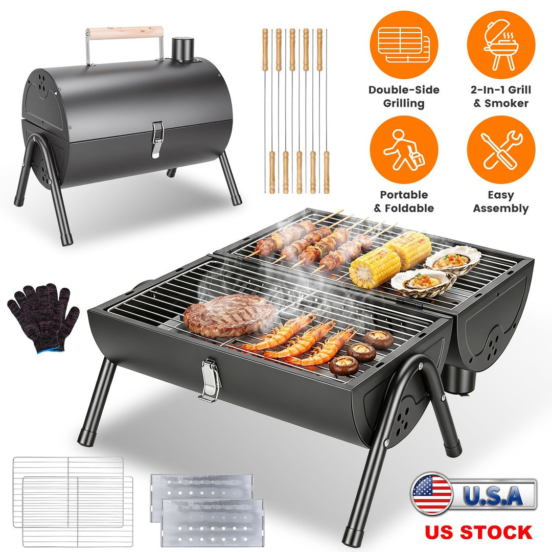 Portable Charcoal Grill with Double-Sided Cooking & 10 Skewers