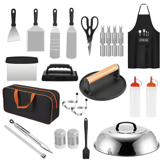 31Pcs Griddle Accessories Kit Flat Top Grill Accessories For Camp Chef with Spatulas Griddle Press Basting Cover Spice Shakers Vegetable Forks Steel S