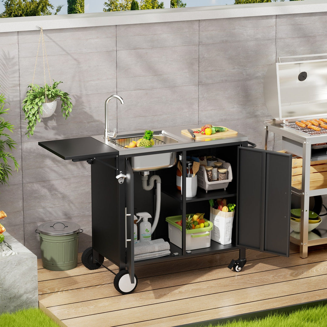 Outdoor Grill Cart with Sink, Storage & Fold-Down Side Table
