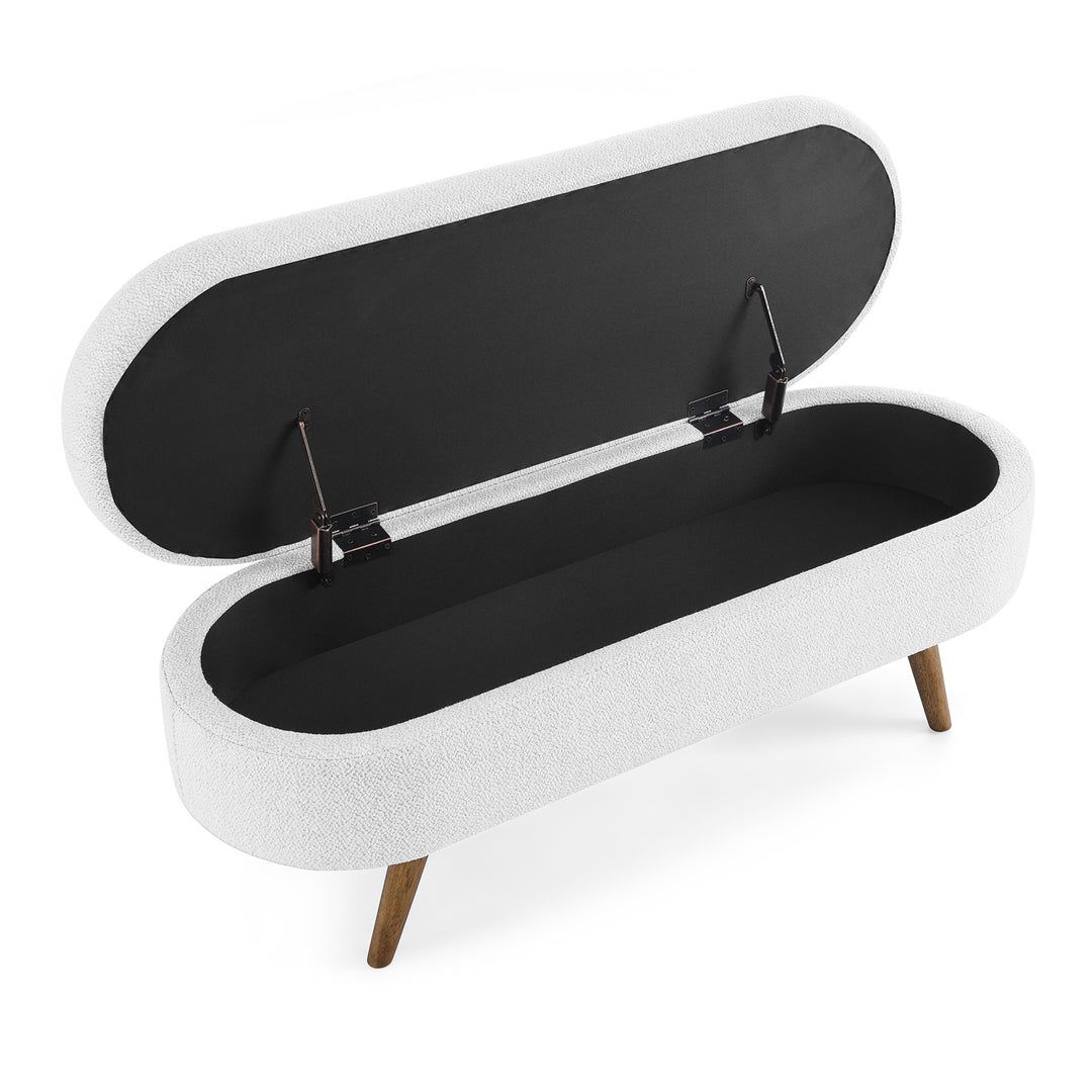 Oval Storage Ottoman Bench, Upholstered Storage Bench with Rubberwood Legs, Multifunctional Entryway Bench for Bedroom L